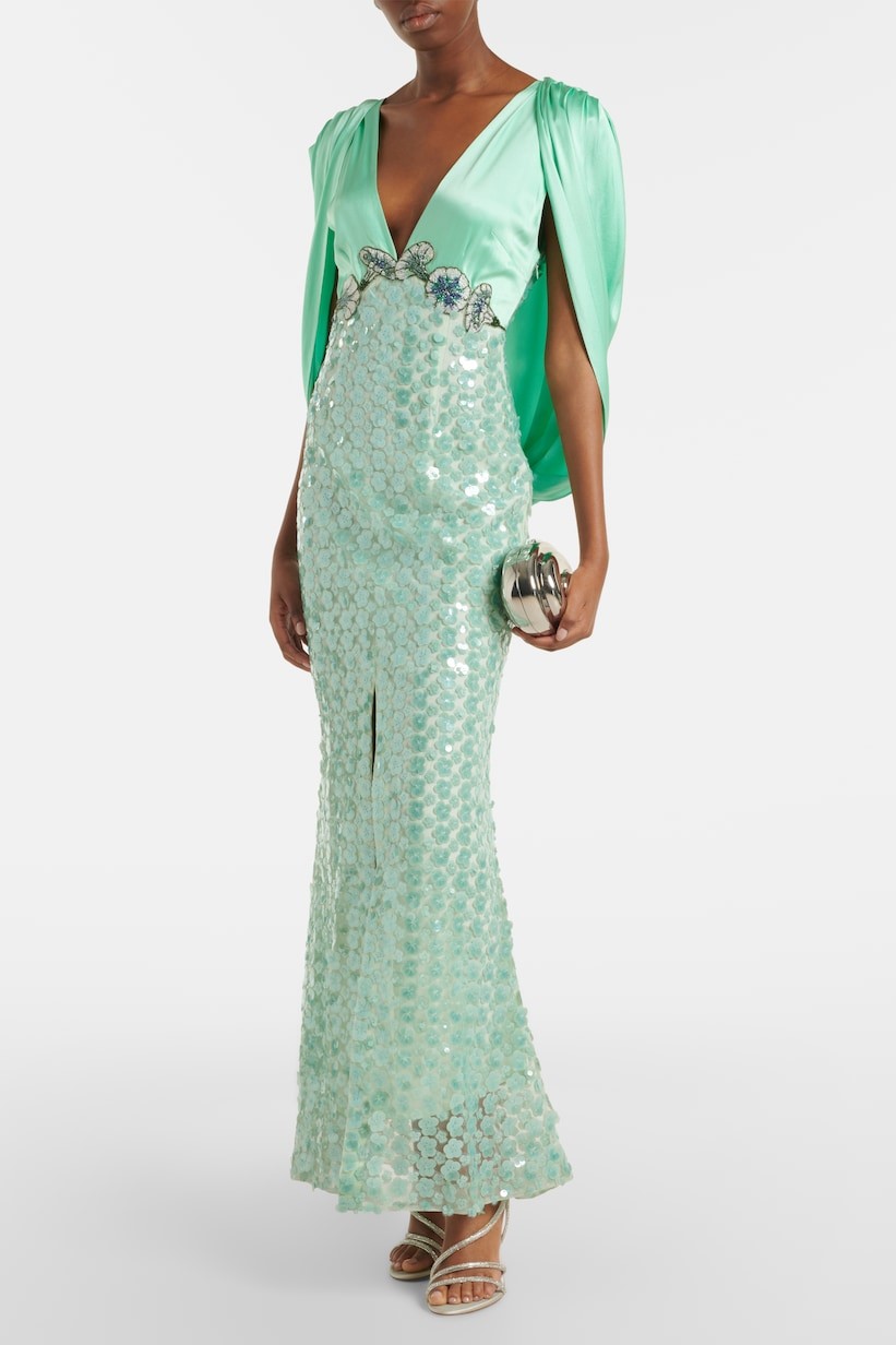Sequin Splicing Satin Backless Maxi Dress