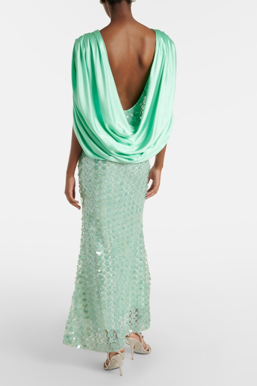 Sequin Splicing Satin Backless Maxi Dress