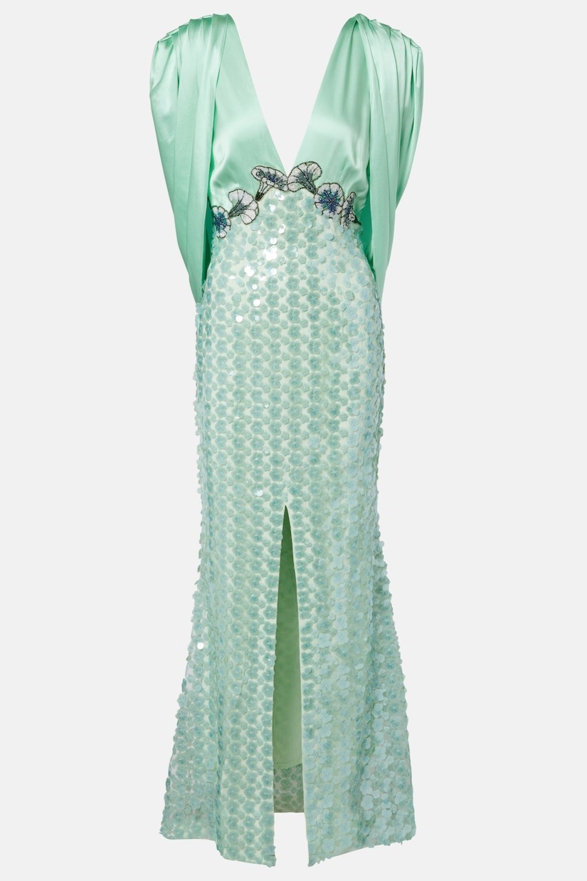 Sequin Splicing Satin Backless Maxi Dress