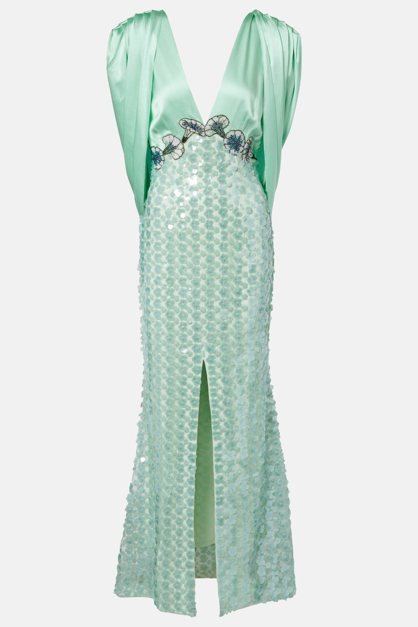 Sequin Splicing Satin Backless Maxi Dress