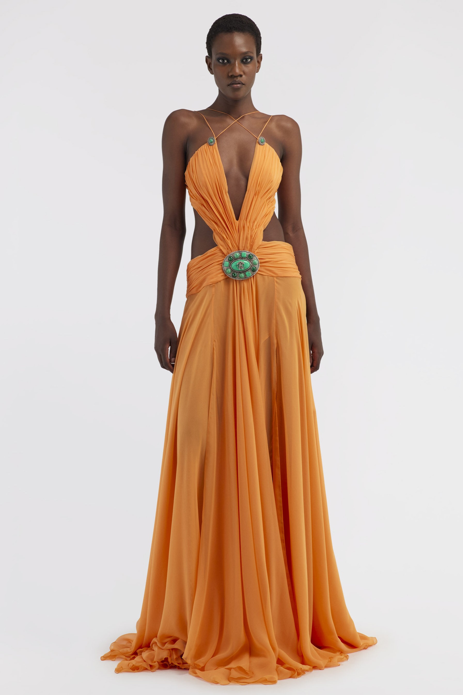 Chiffon Cut-Out Gathering Maxi Dress