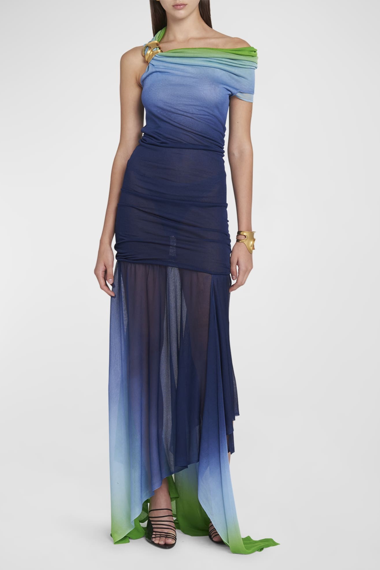 Gradient Color Mesh See-Through Maxi Dress
