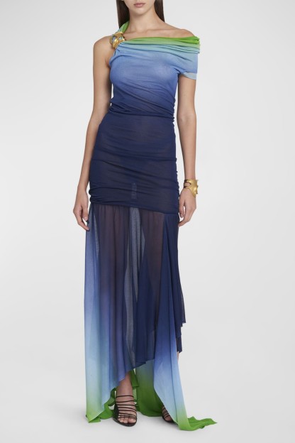Gradient Color Mesh See-Through Maxi Dress