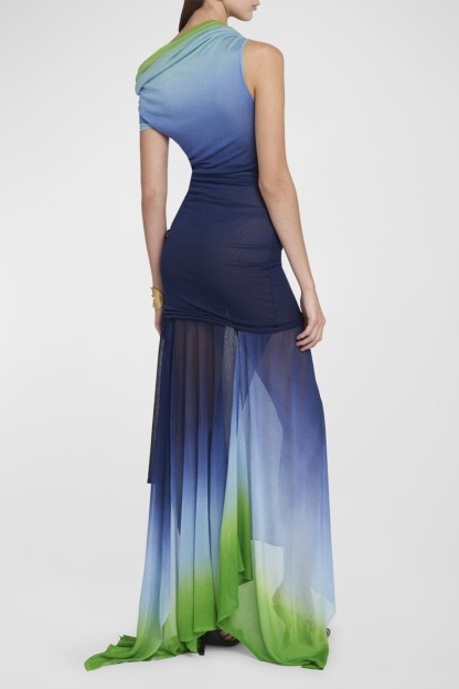 Gradient Color Mesh See-Through Maxi Dress