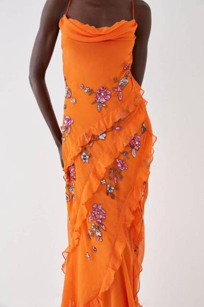 Chiffon Sequin Embroidered Ruffle Maxi Dress