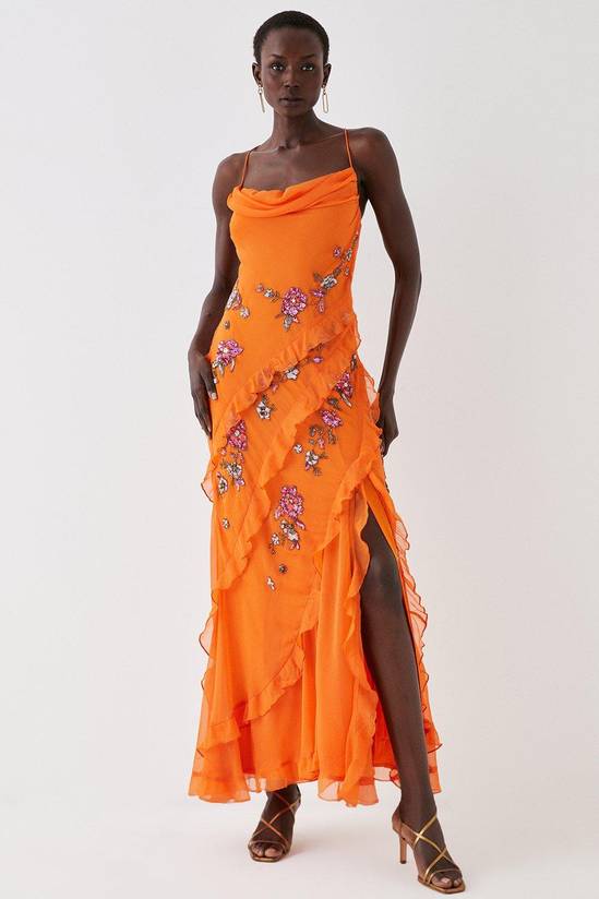Chiffon Sequin Embroidered Ruffle Maxi Dress