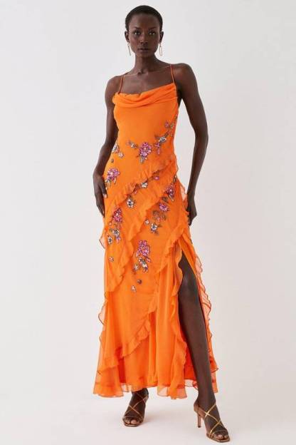 Chiffon Sequin Embroidered Ruffle Maxi Dress