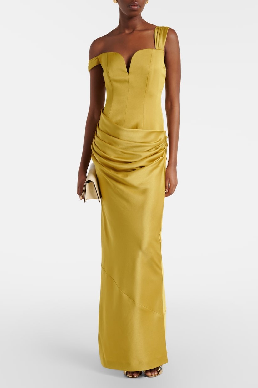 Satin One Shoulder Pleated Maxi Dress