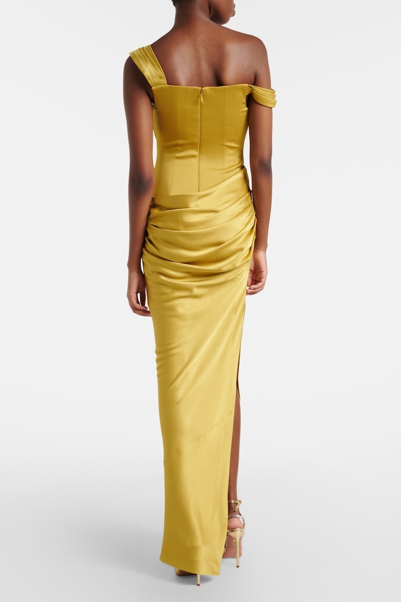 Satin One Shoulder Pleated Maxi Dress