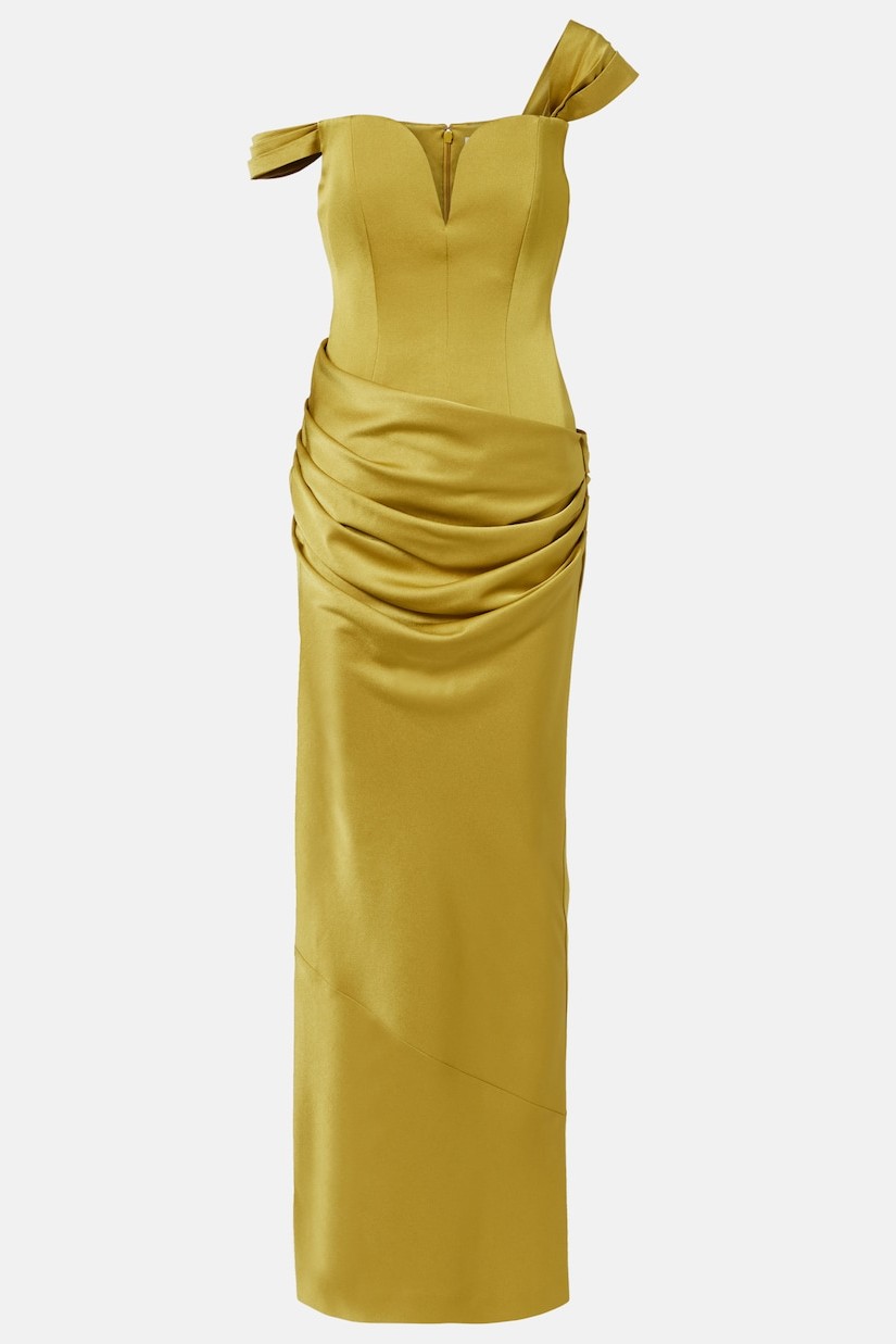 Satin One Shoulder Pleated Maxi Dress