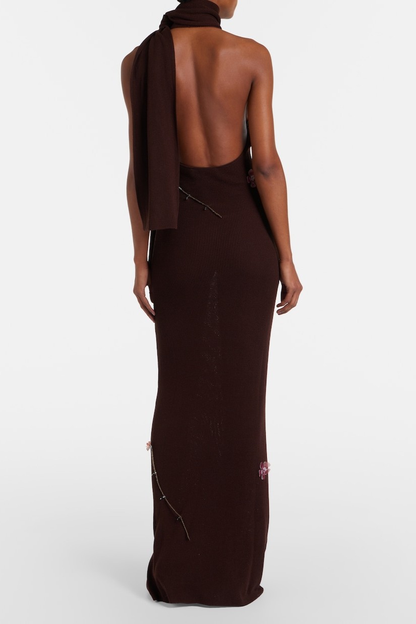 3D Flower Halter Neck V-Neck Maxi Dress