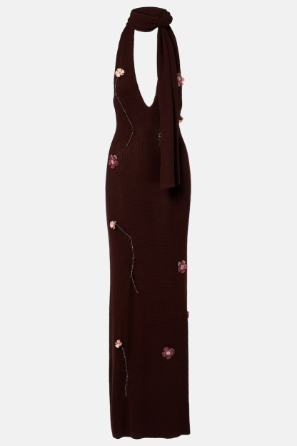 3D Flower Halter Neck V-Neck Maxi Dress