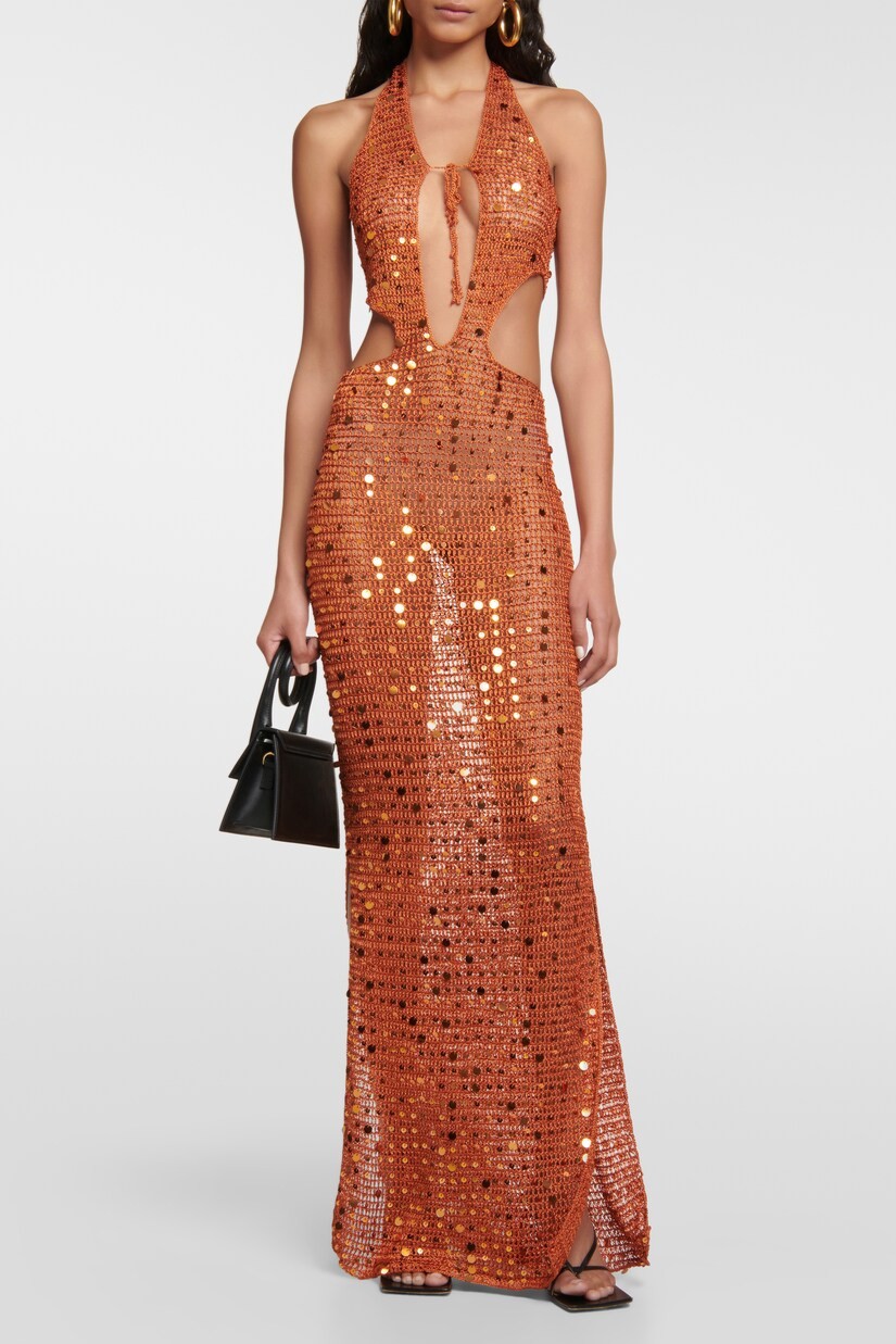 Sequin Cut-Out Halter Neck Maxi Dress