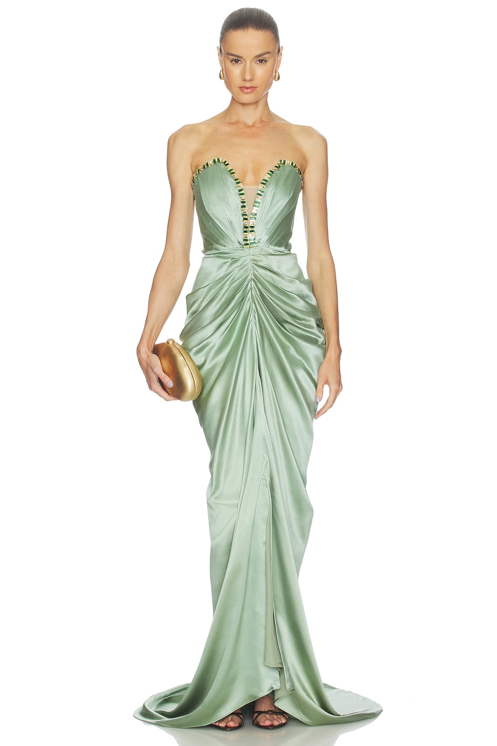 Satin Rhinestone Gathering Maxi Dress