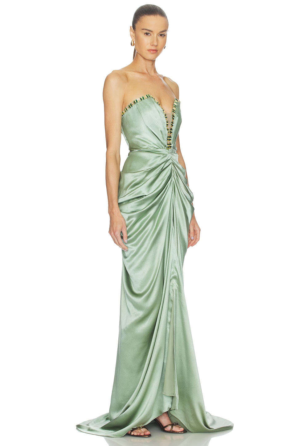 Satin Rhinestone Gathering Maxi Dress