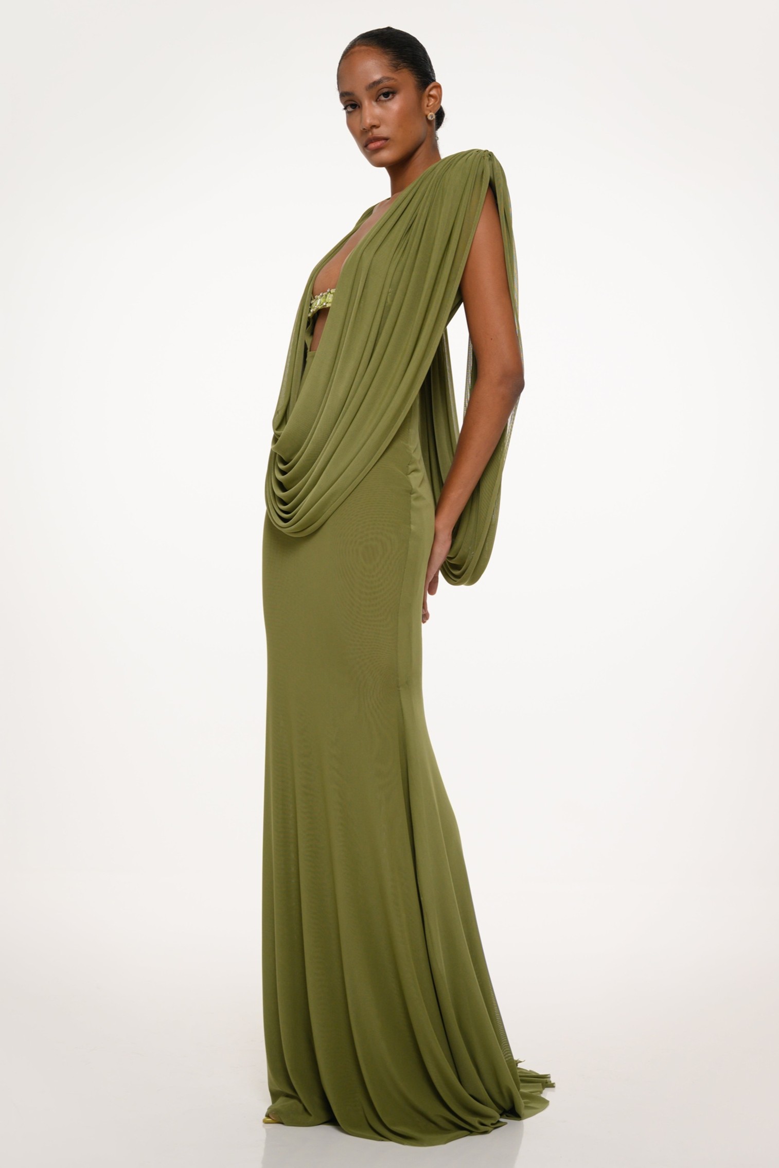 Mesh Rhinestone Gathering Maxi Dress