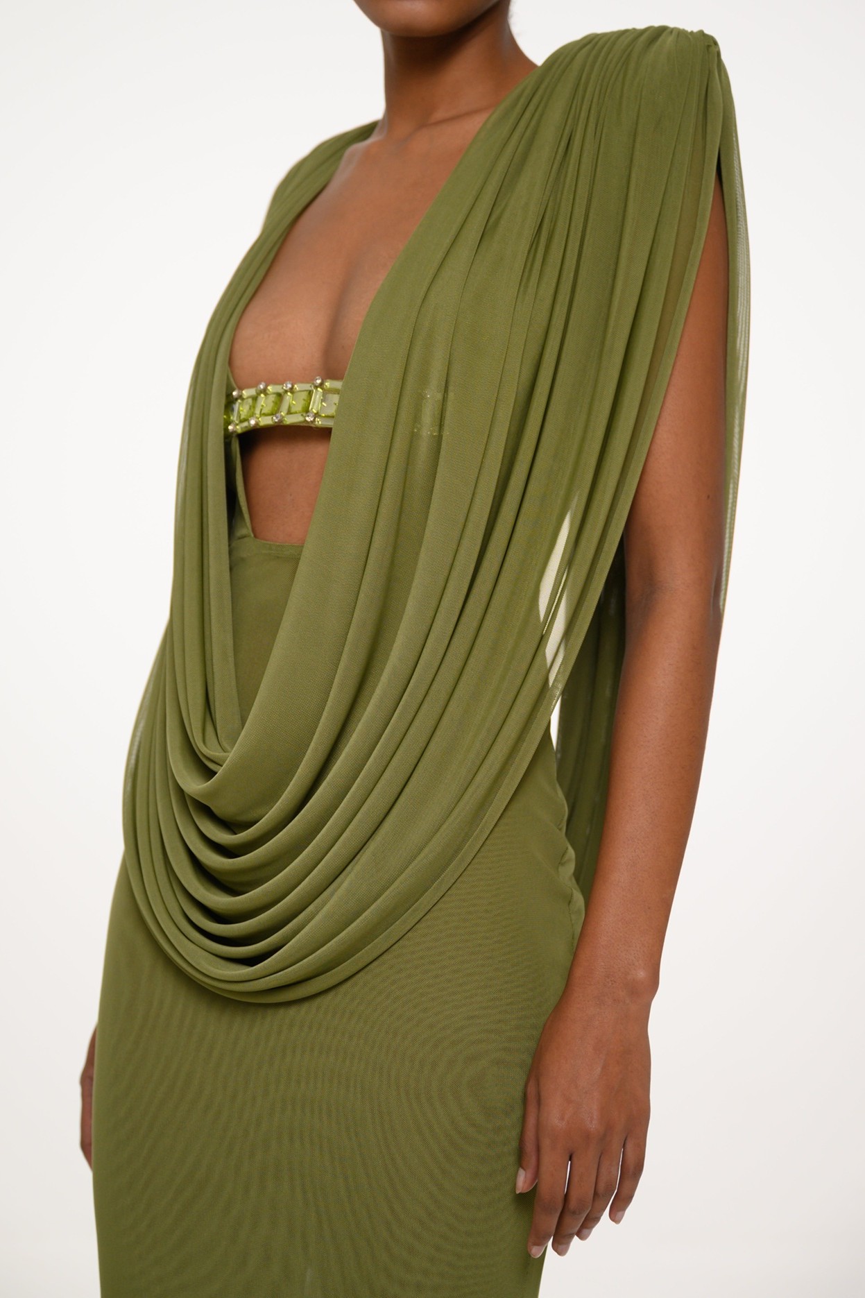 Mesh Rhinestone Gathering Maxi Dress