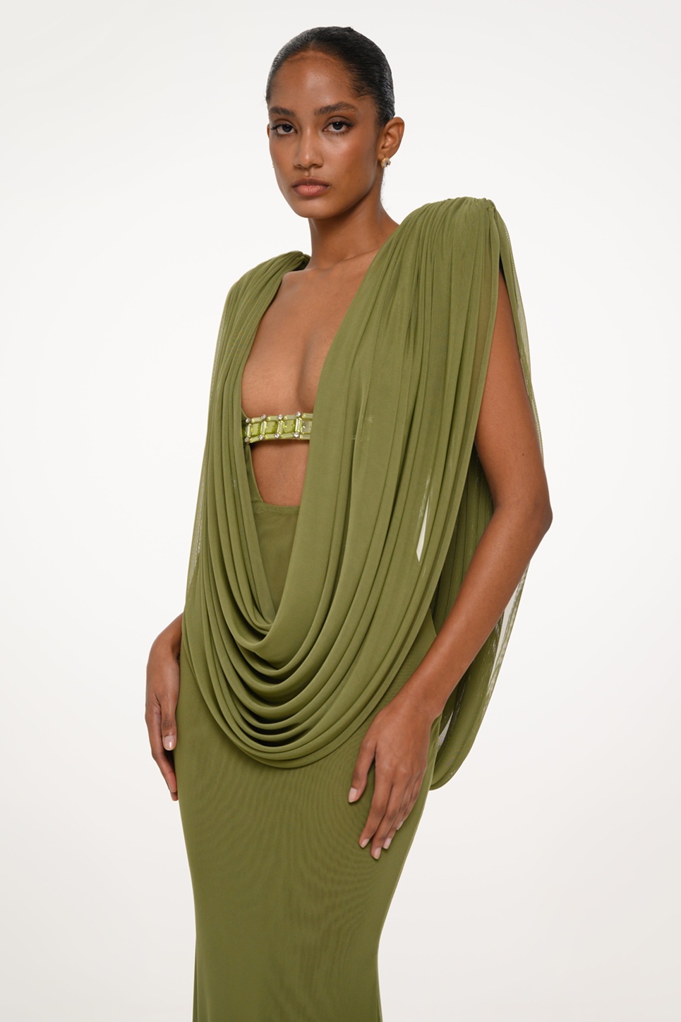 Mesh Rhinestone Gathering Maxi Dress