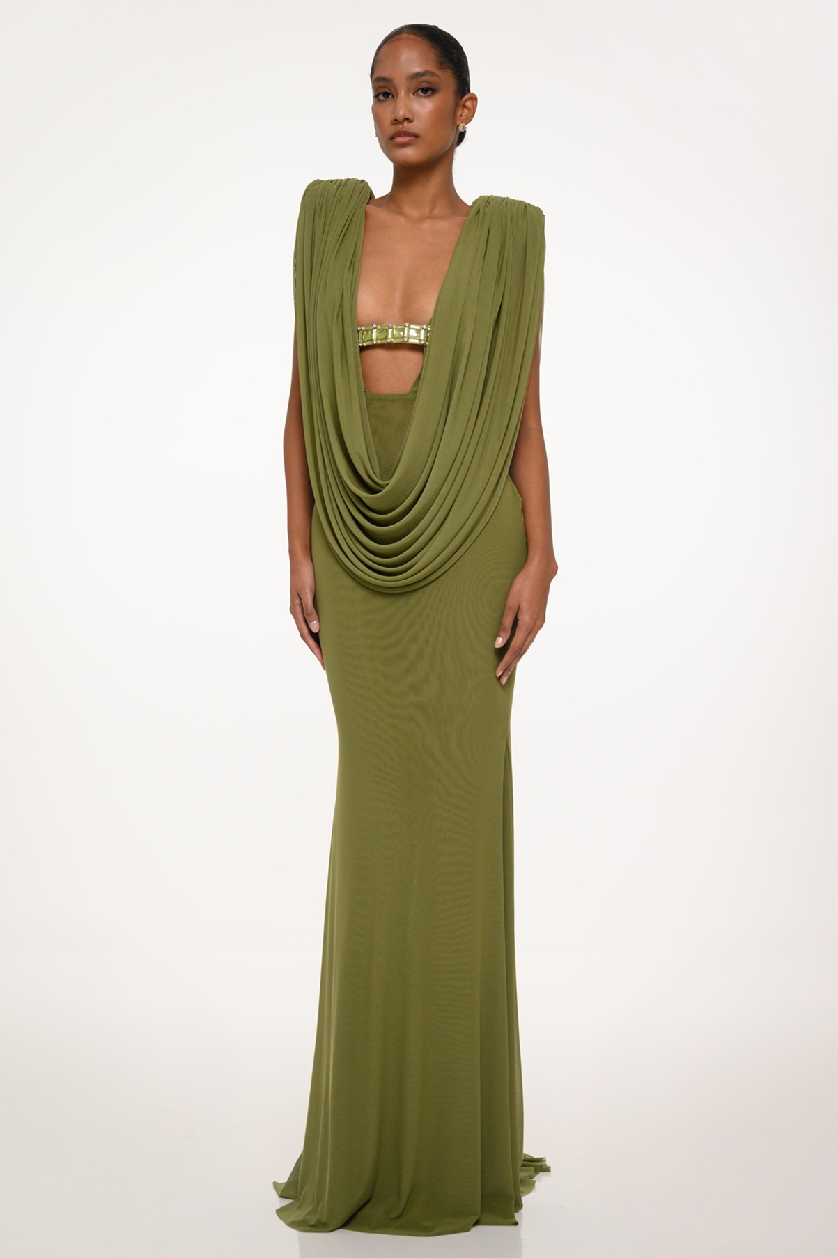 Mesh Rhinestone Gathering Maxi Dress