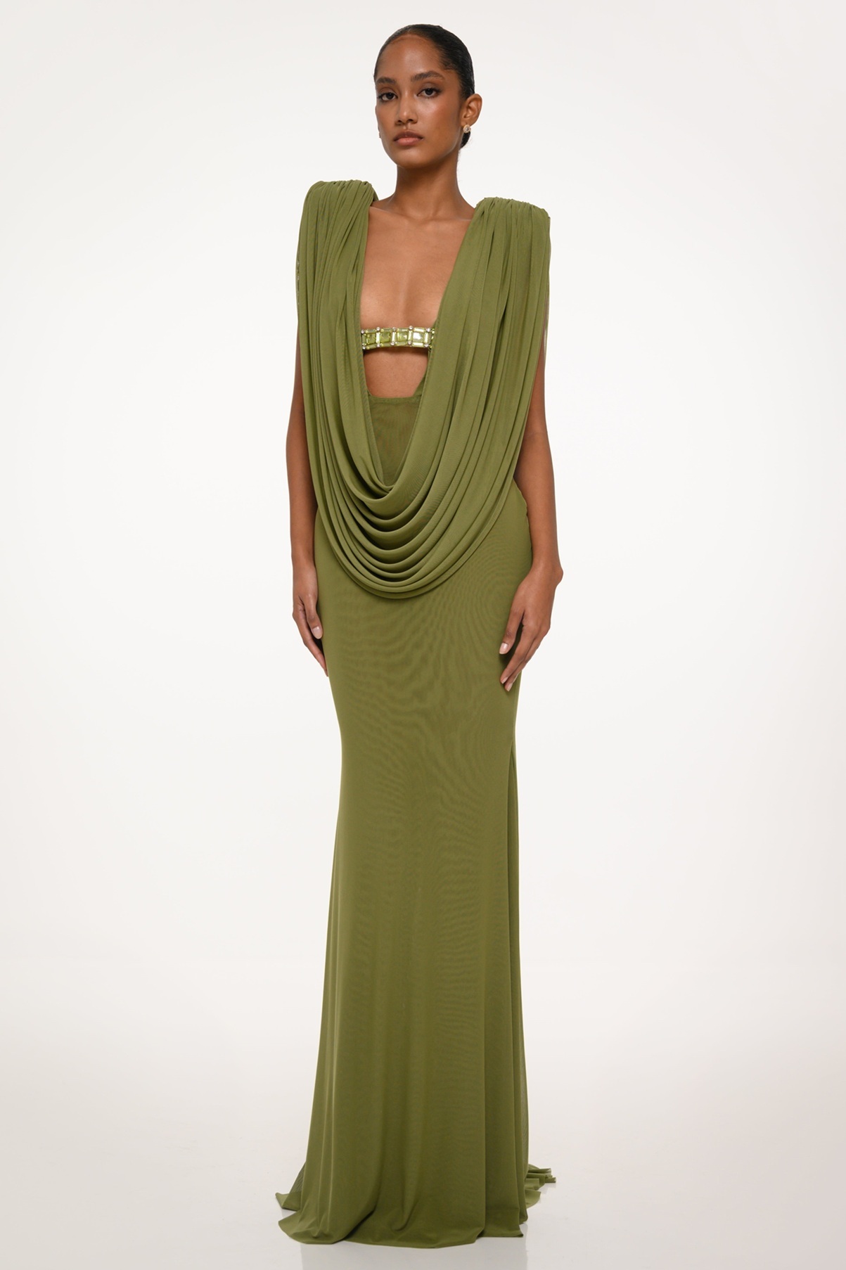 Mesh Rhinestone Gathering Maxi Dress