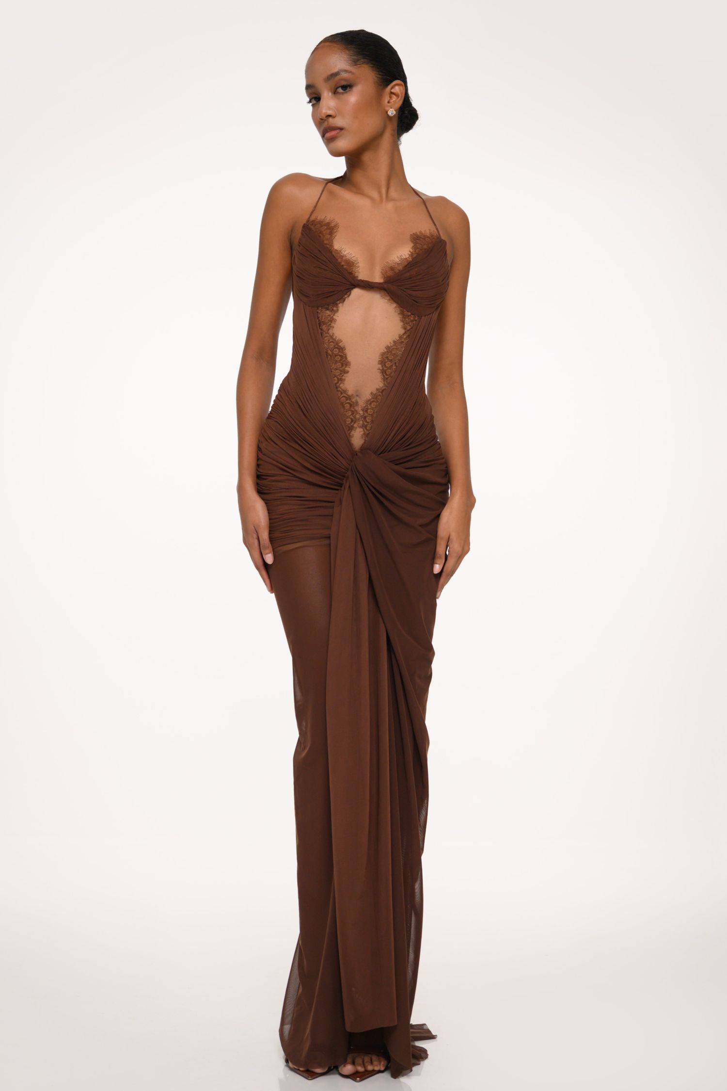 Lace Splicing Mesh Cut-Out Maxi Dress