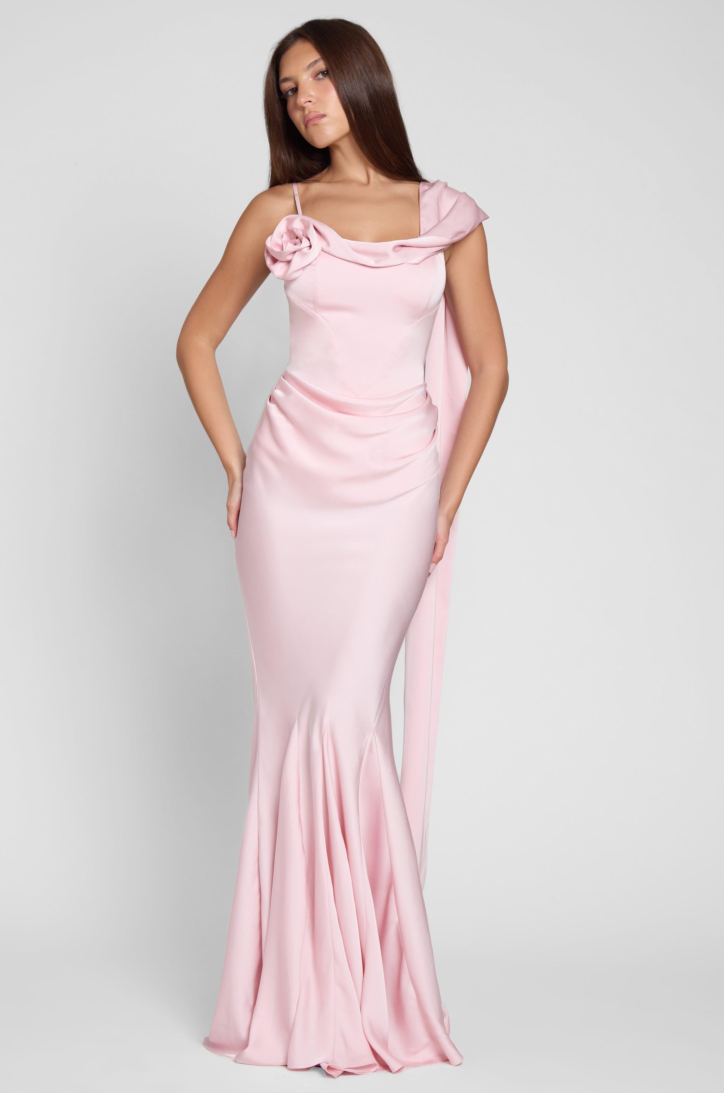 Satin 3D Flower Ruched Maxi Dress