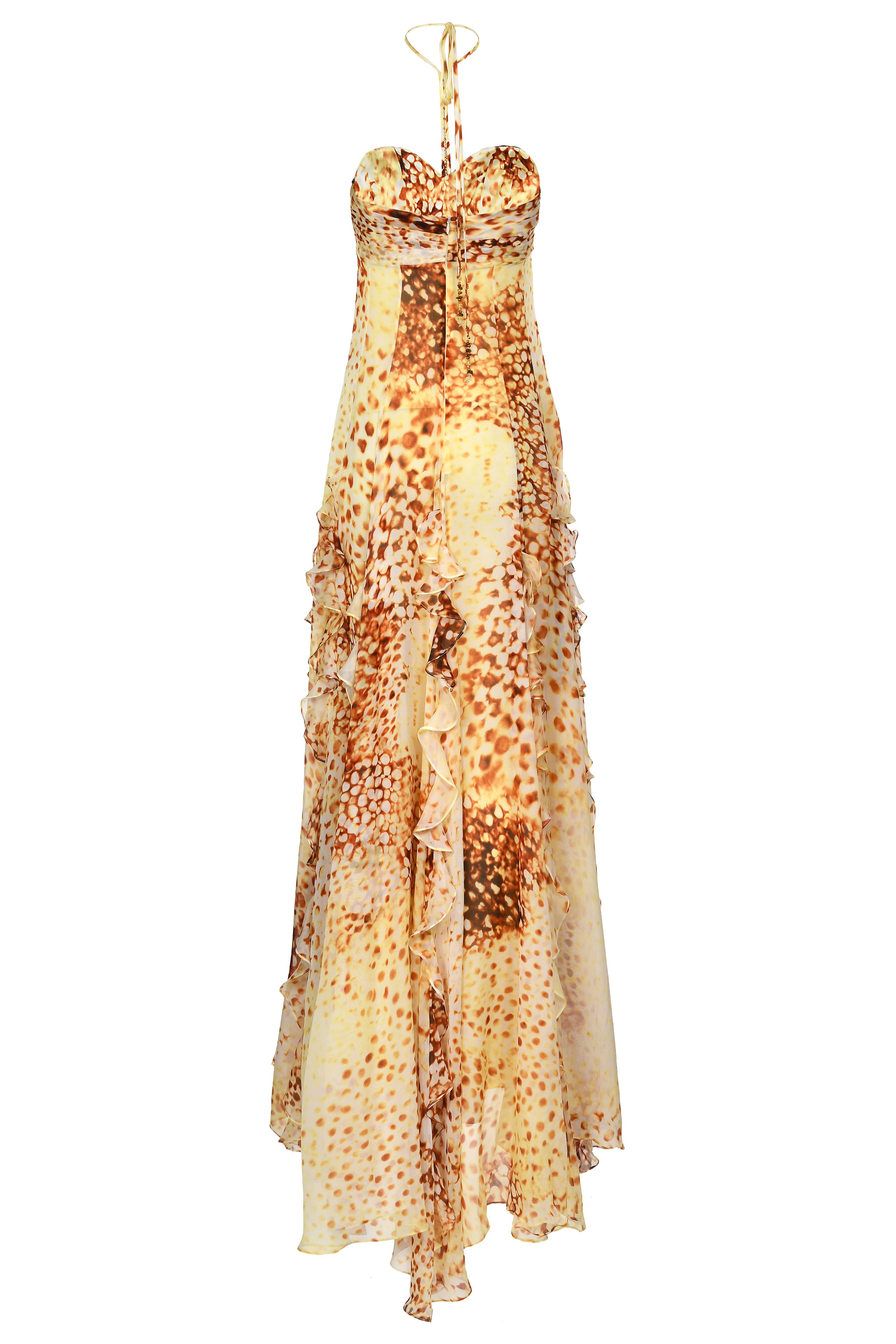 Abstract Print Frill Halter Neck Maxi Dress