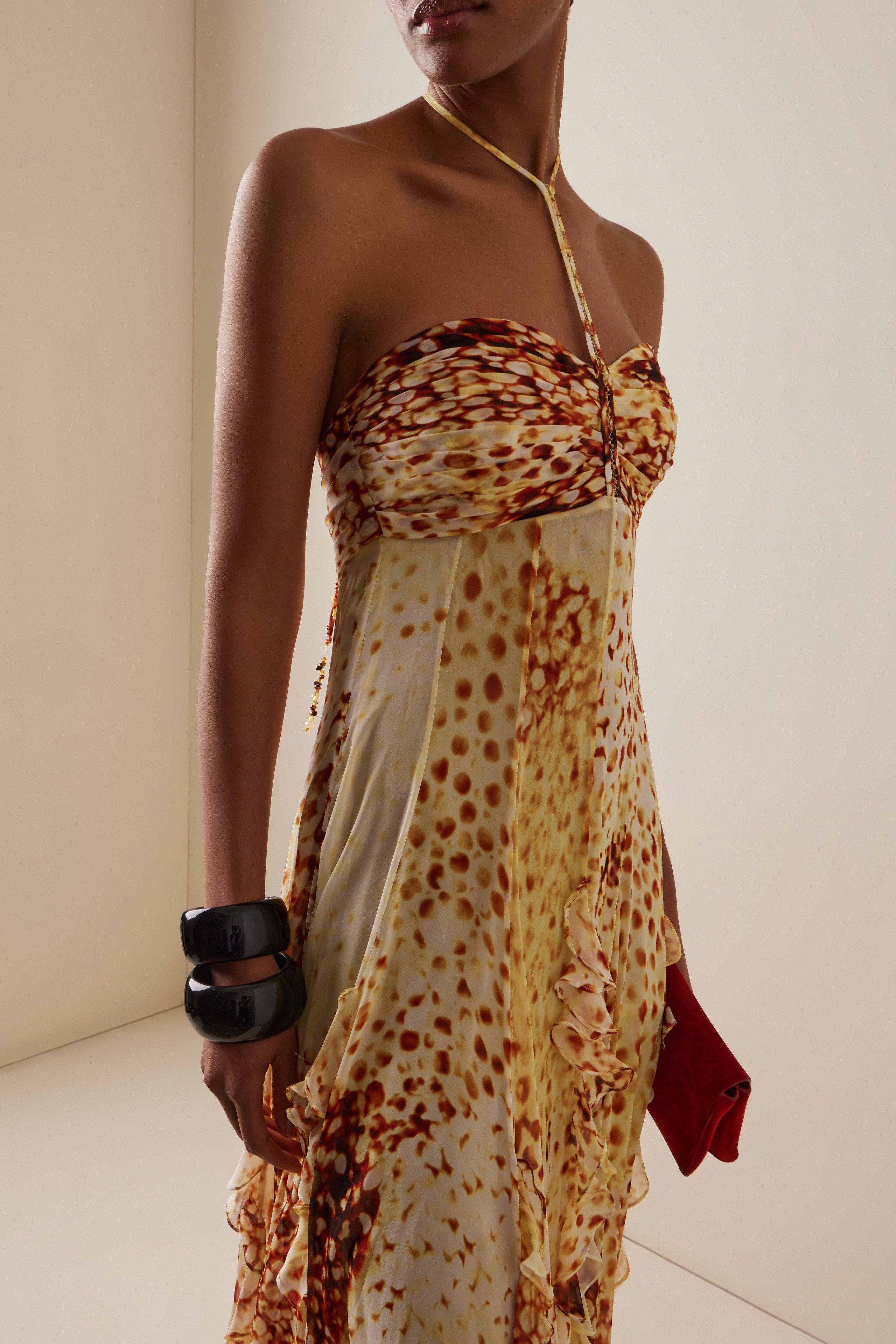 Abstract Print Frill Halter Neck Maxi Dress