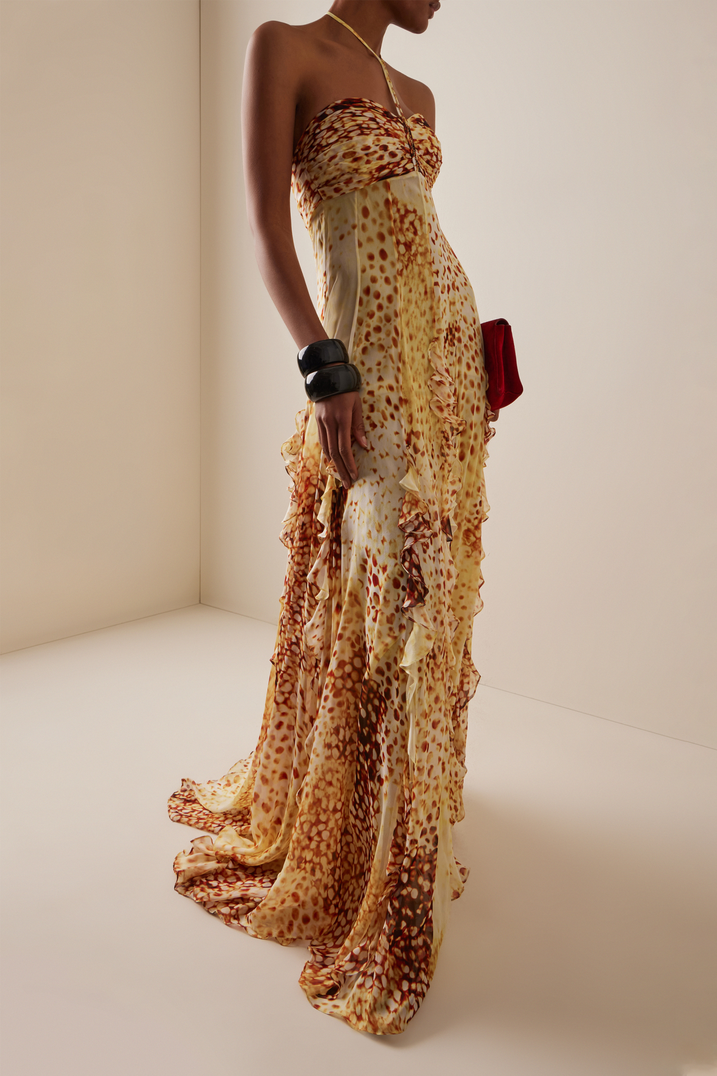 Abstract Print Frill Halter Neck Maxi Dress