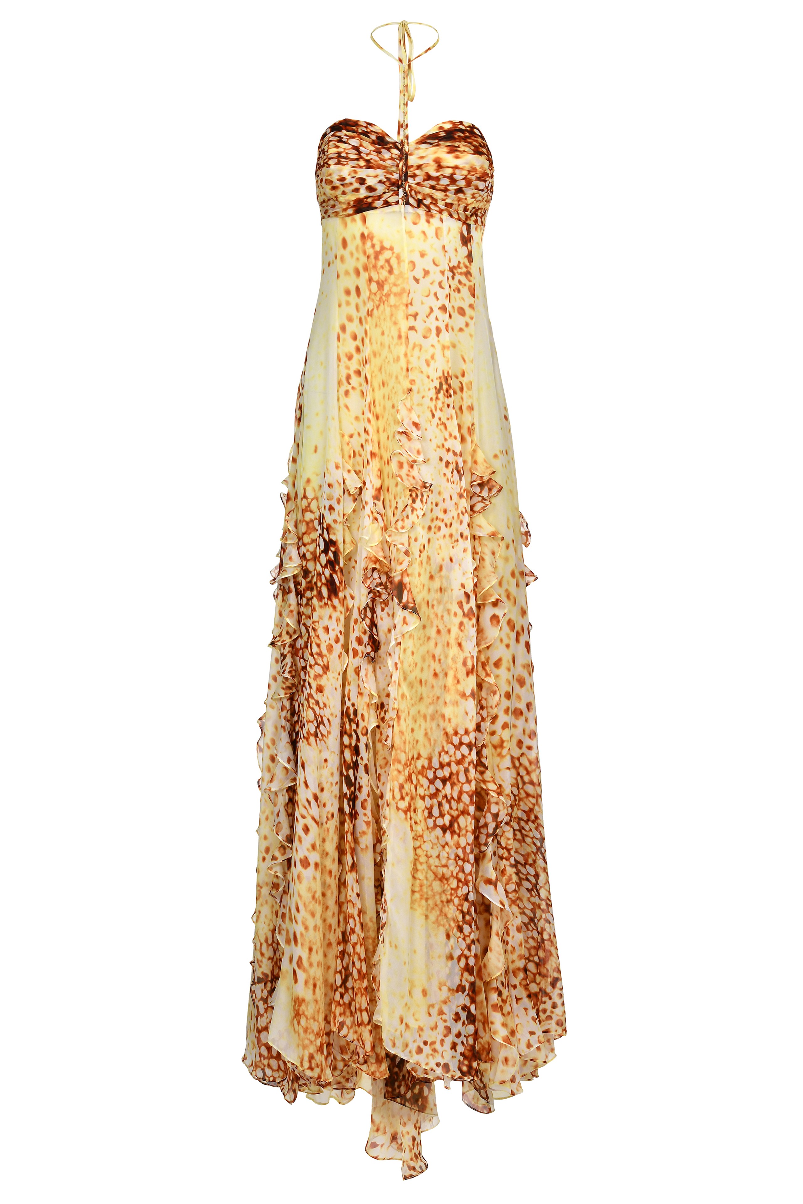 Abstract Print Frill Halter Neck Maxi Dress