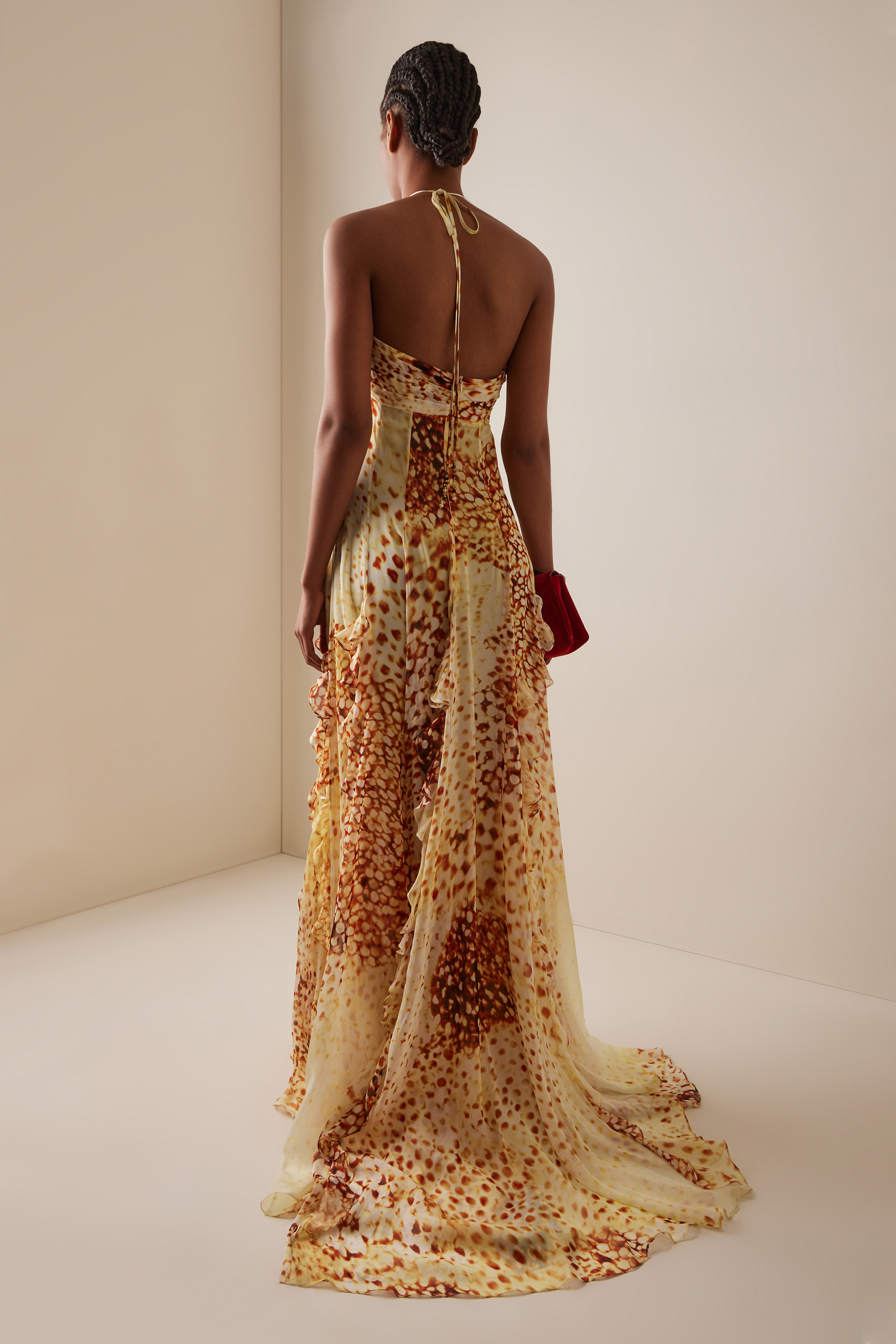 Abstract Print Frill Halter Neck Maxi Dress