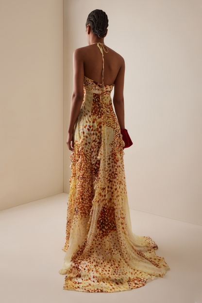 Abstract Print Frill Halter Neck Maxi Dress