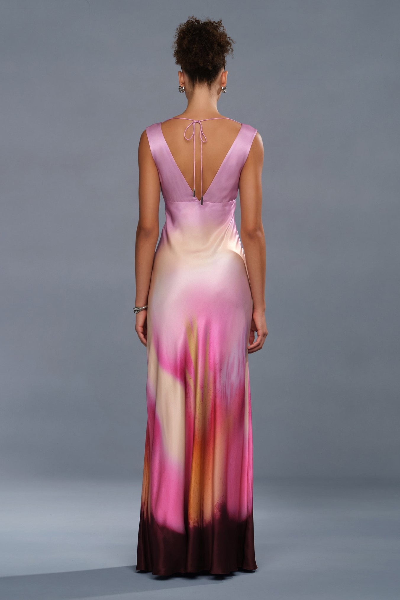 Gradient Color V-Neck Satin Maxi Dress