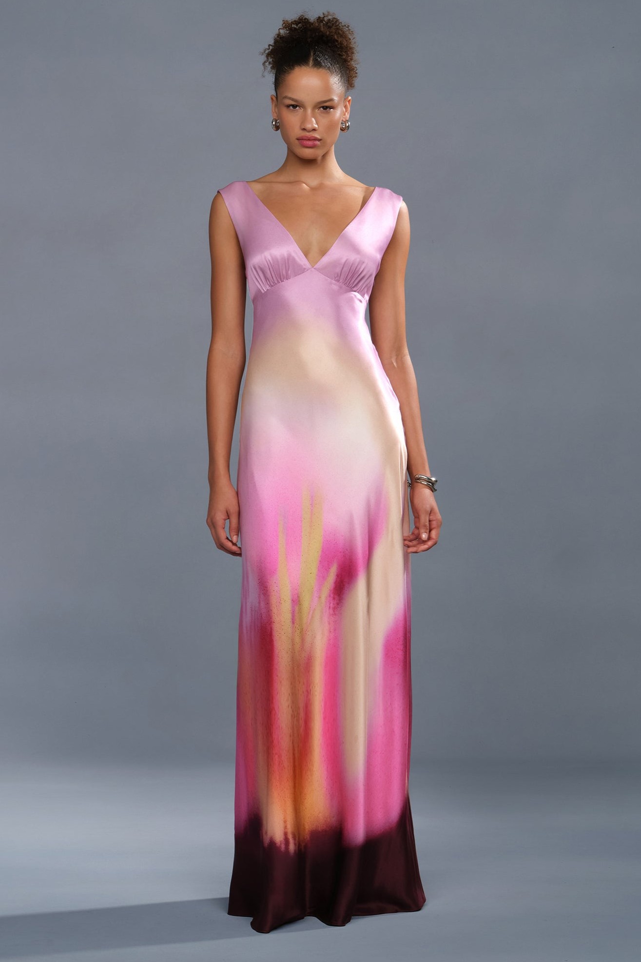 Gradient Color V-Neck Satin Maxi Dress