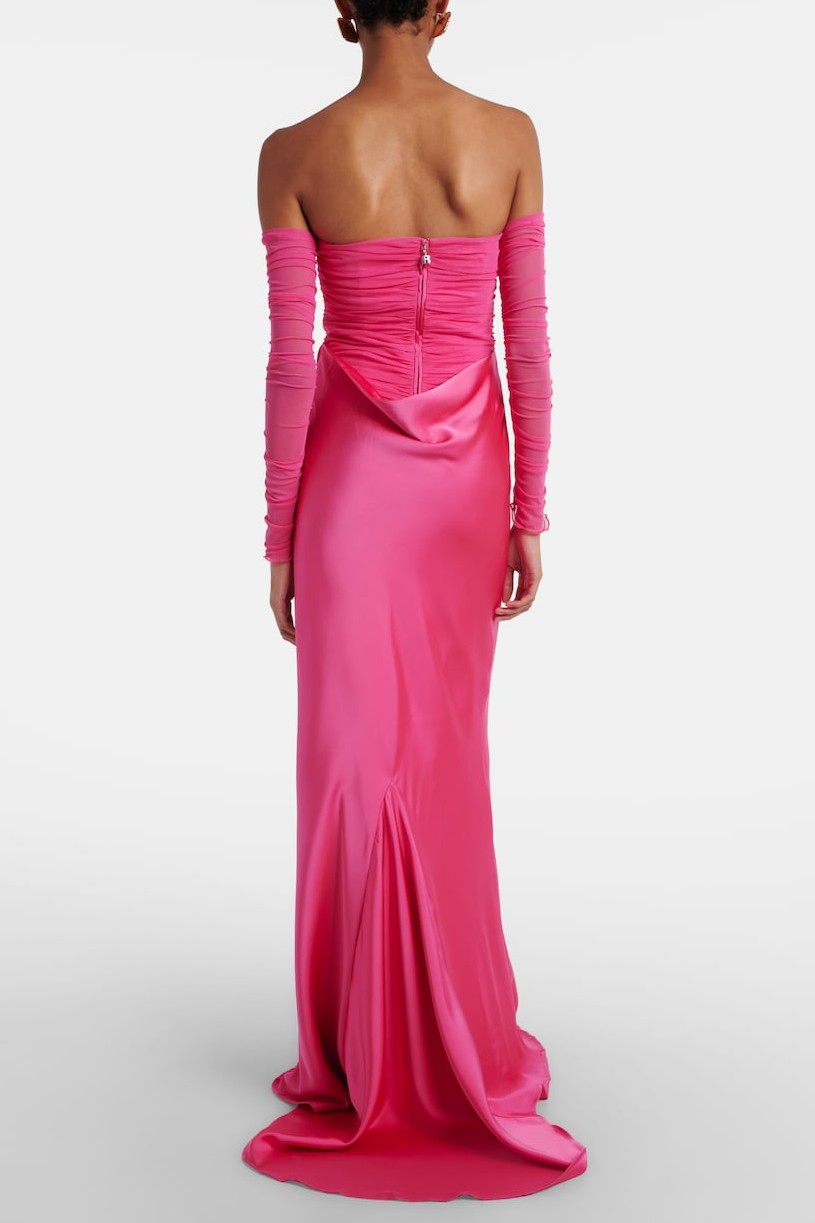 Mesh Splicing Satin Off-Shoulder Maxi Dress