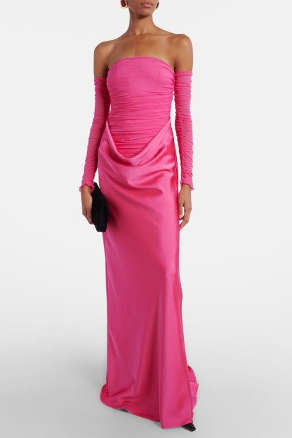 Mesh Splicing Satin Off-Shoulder Maxi Dress