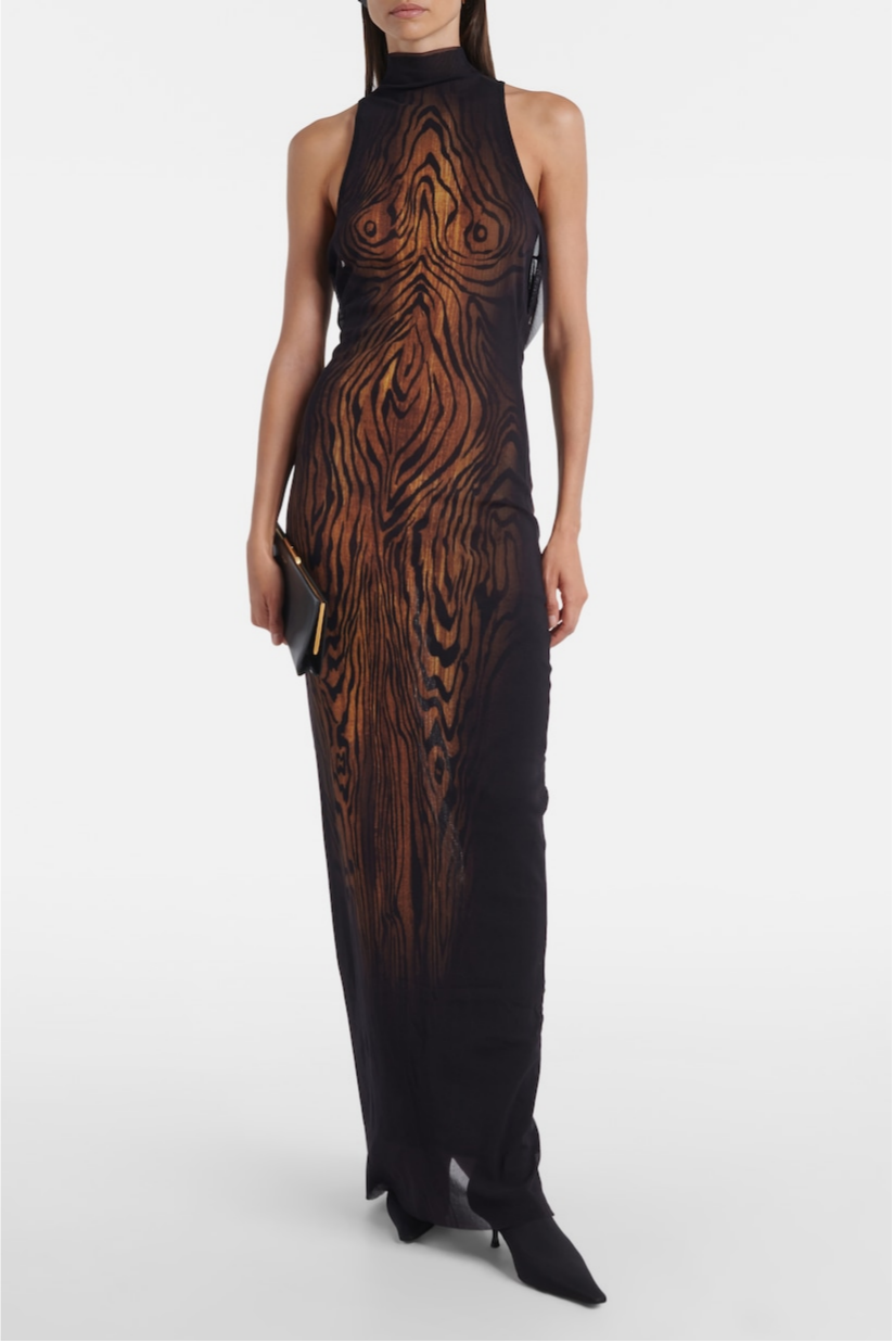 Wood Printed Mesh See-Through Maxi Dress