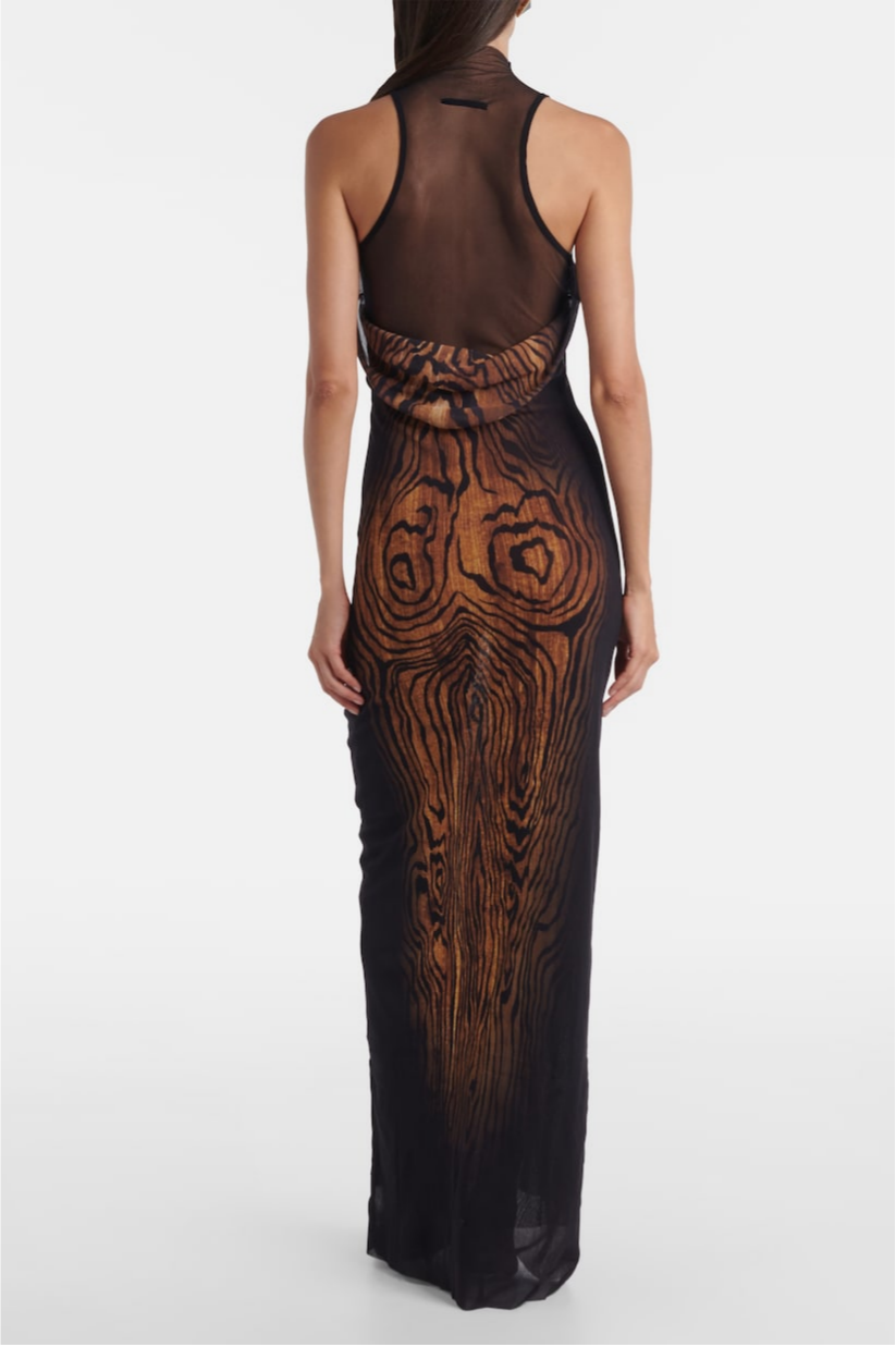 Wood Printed Mesh See-Through Maxi Dress