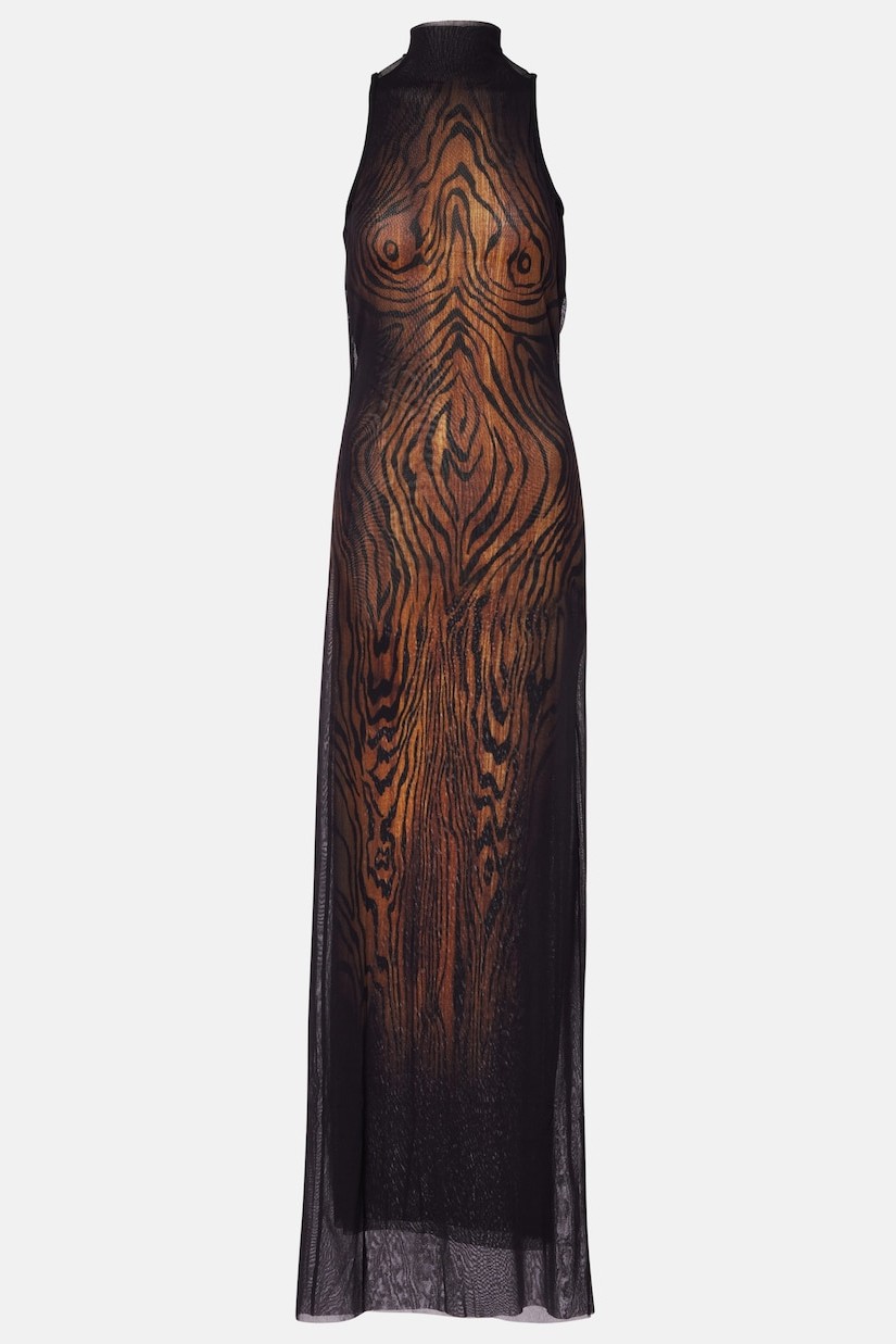 Wood Printed Mesh See-Through Maxi Dress