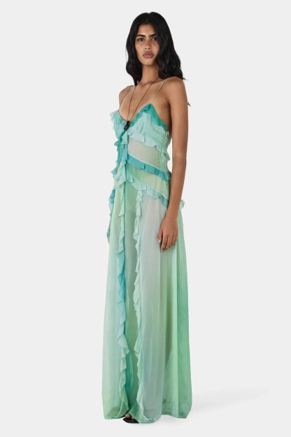 Tie Dye Ruffle Tie-Up Maxi Dress