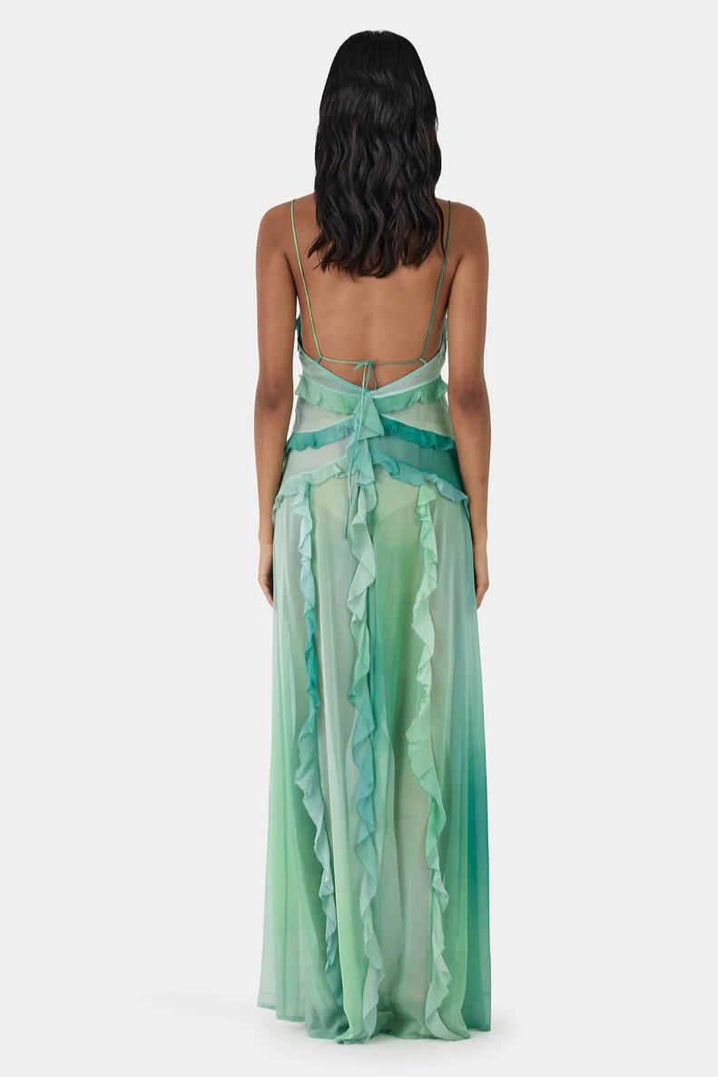 Tie Dye Ruffle Tie-Up Maxi Dress