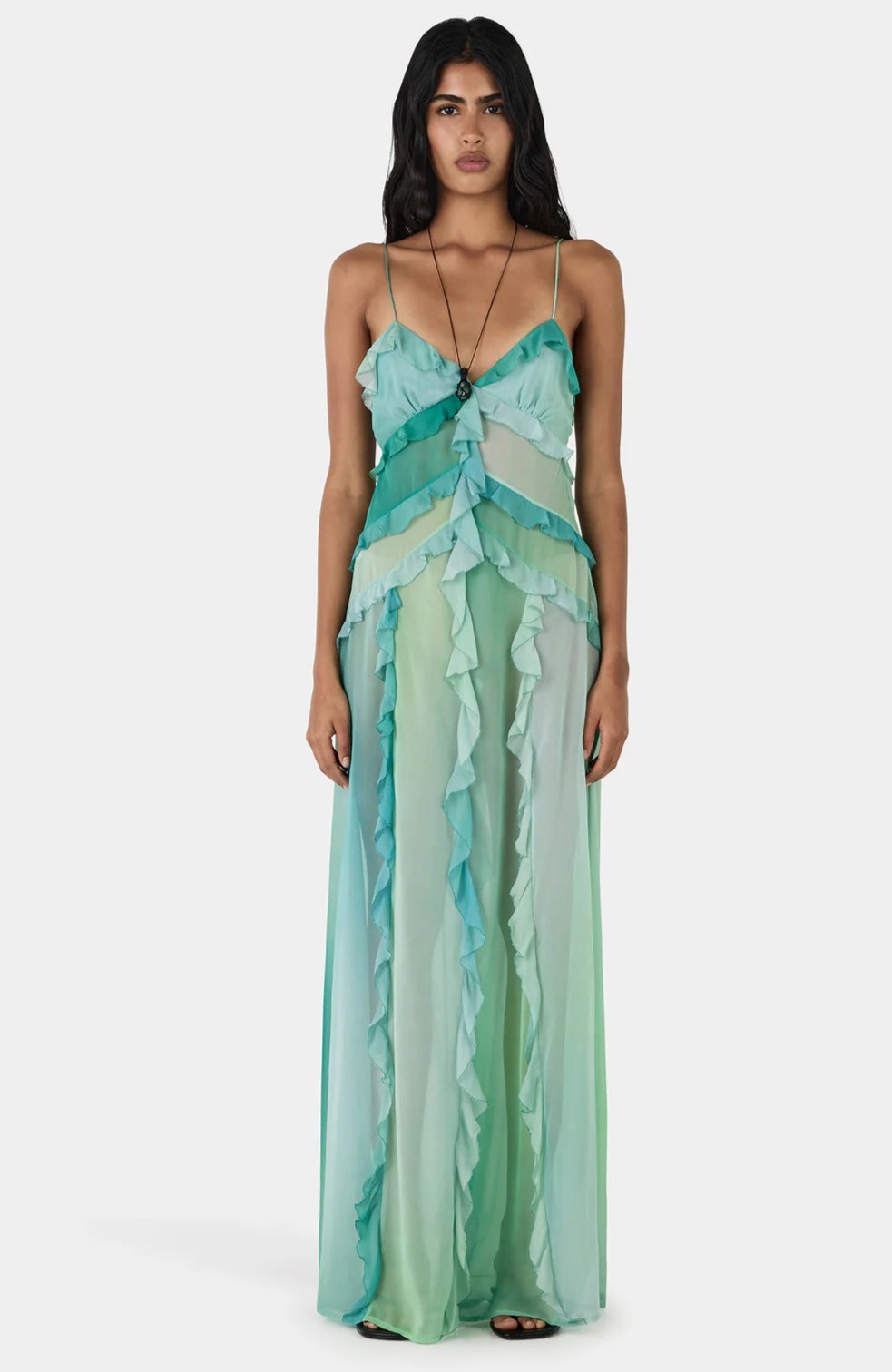 Tie Dye Ruffle Tie-Up Maxi Dress