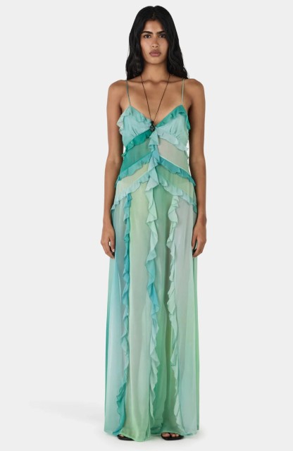 Tie Dye Ruffle Tie-Up Maxi Dress