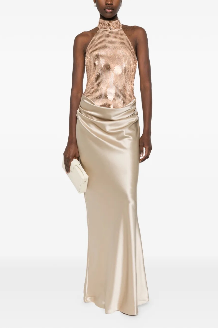 Satin Rhinestone Halter Neck Maxi Dress