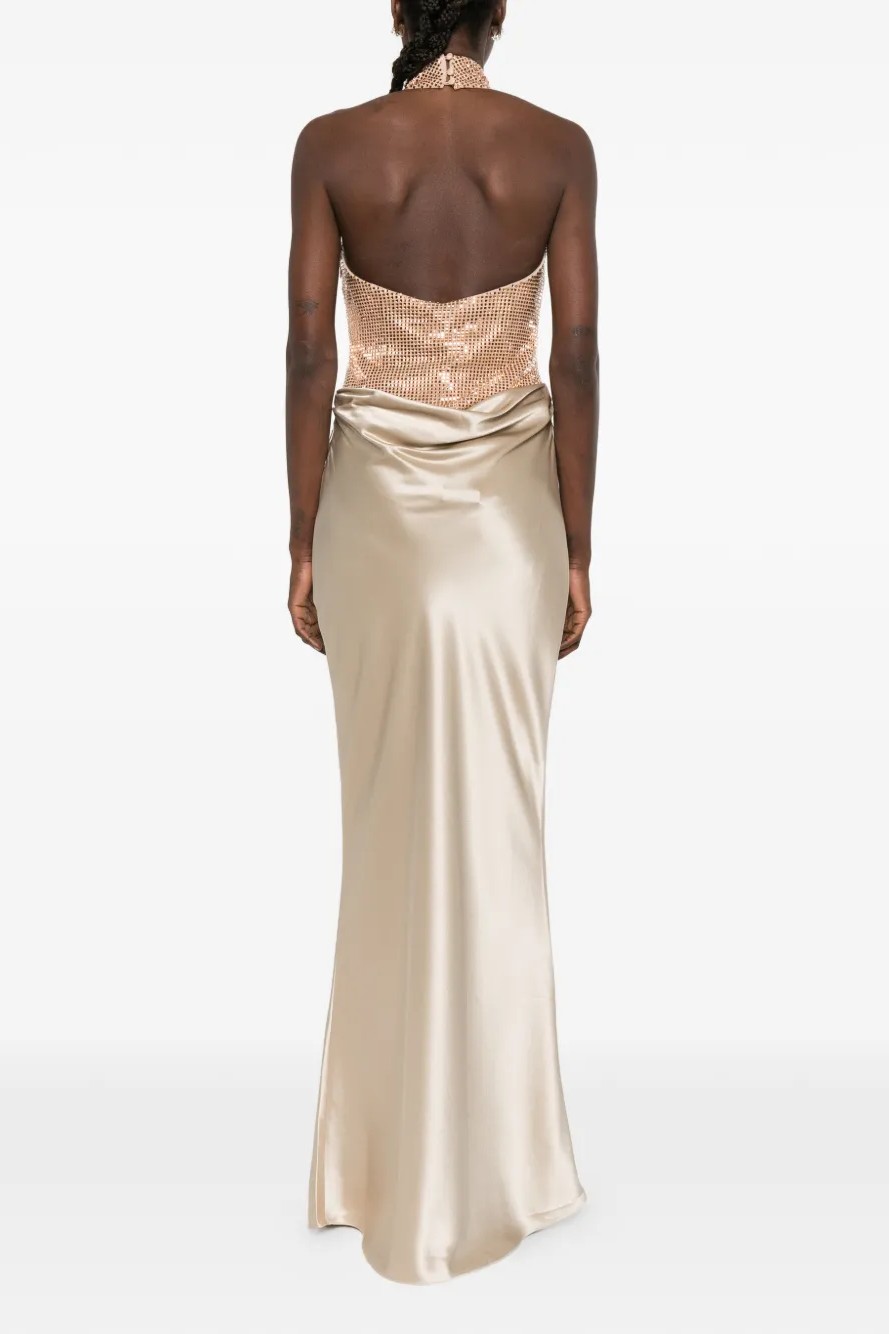 Satin Rhinestone Halter Neck Maxi Dress