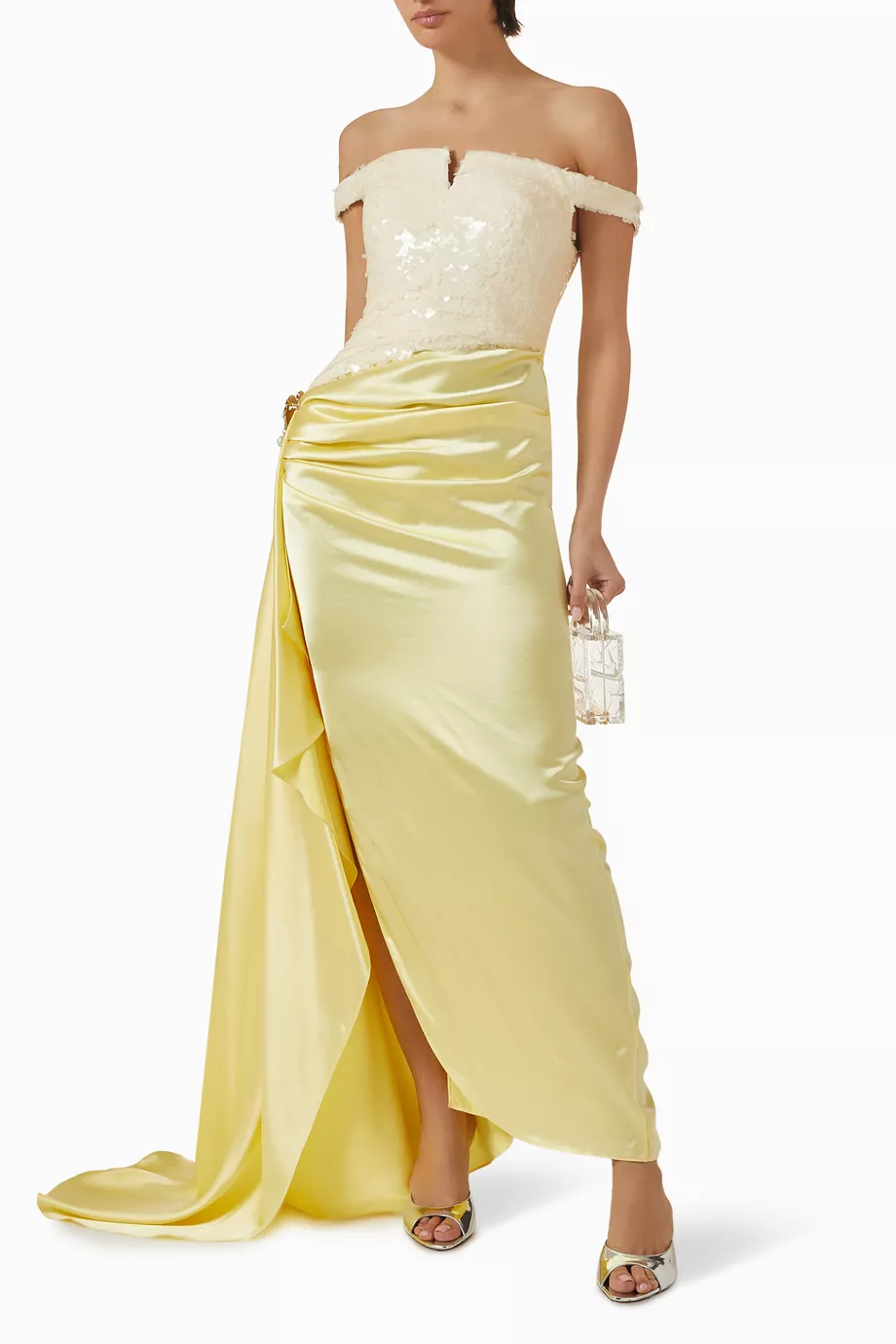Satin Splicing Sequin Off Shoulder Maxi Dress