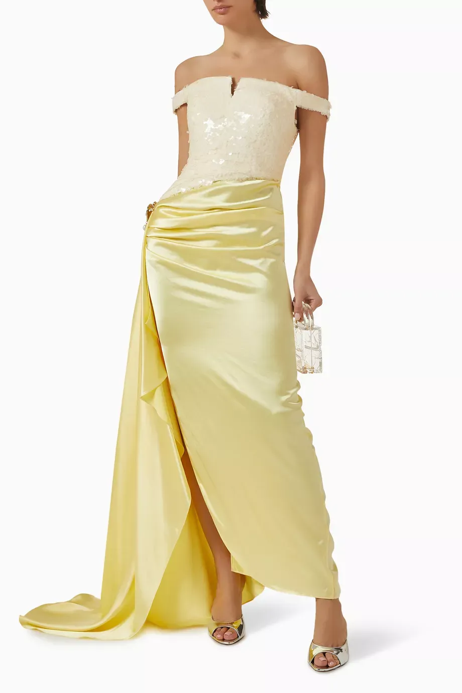 Satin Splicing Sequin Off Shoulder Maxi Dress