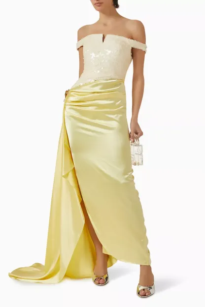 Satin Splicing Sequin Off Shoulder Maxi Dress