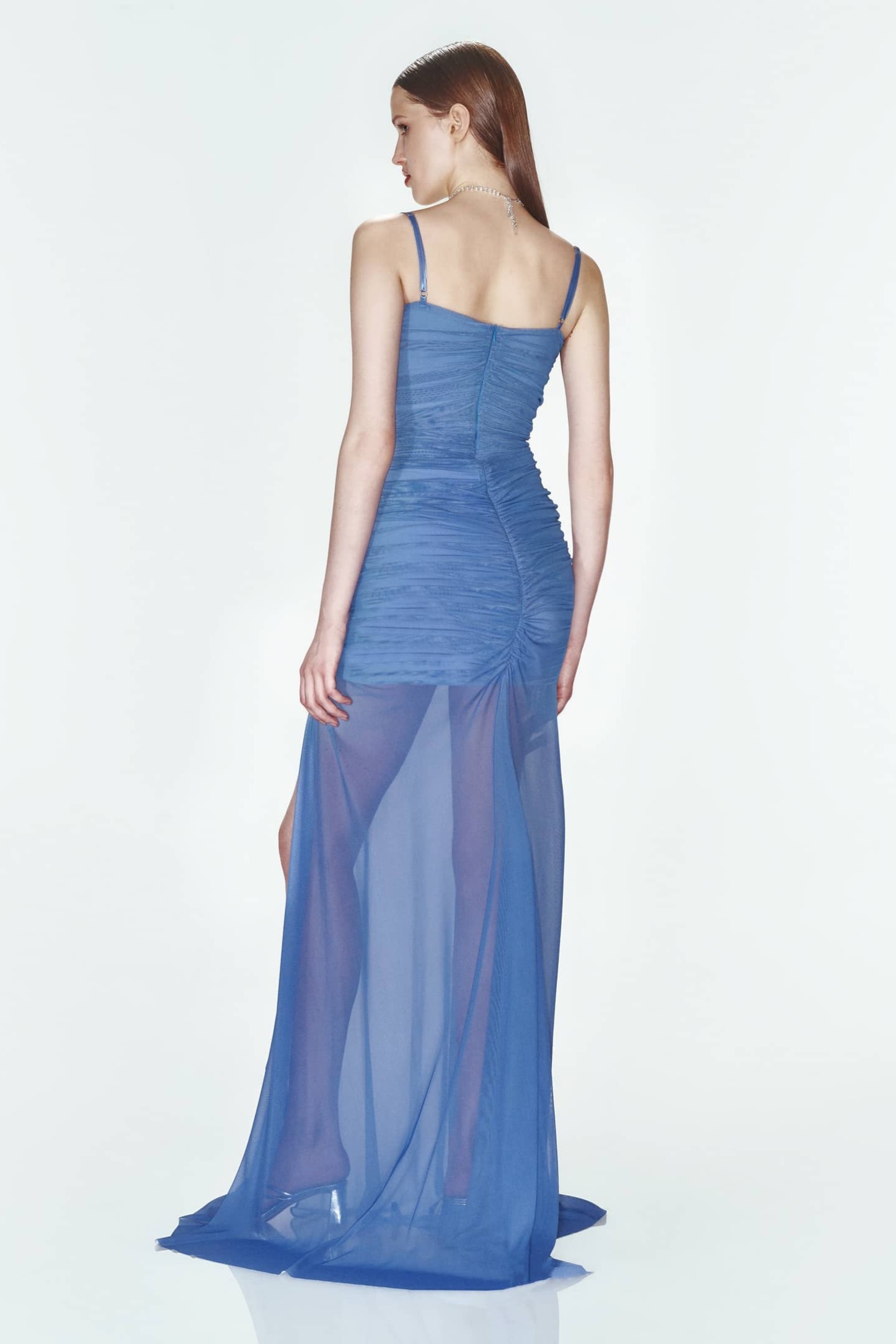 Mesh Gathering See-Through Slit Maxi Dress