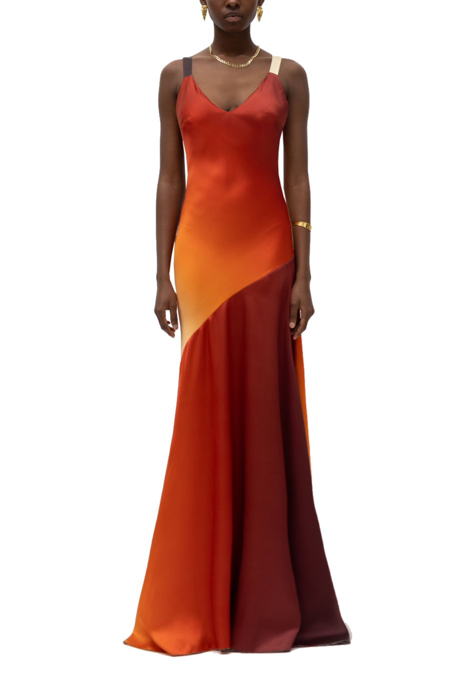 Satin Gradient Color V-Neck Maxi Dress
